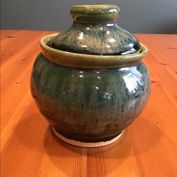 Accents Pottery Lidded Canister Green Blue Drip Glaze Poshmark